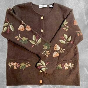 VINTAGE woodland forest tree leaf wool sweater‎ cardigan button front 80s earthy